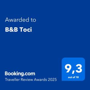 Certifikát, hodnocení, plakát nebo jiný dokument vystavený v ubytování B&B Toci