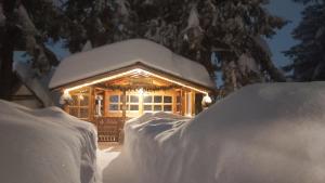 a log cabin covered in snow in front at Holiday Home Tirol in Vlasic