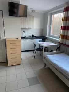 a small kitchen with a bed and a table at Noclegi Eliza in Dąbrowa Górnicza