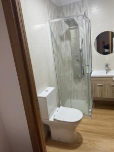 a bathroom with a toilet and a shower at Casa Das Aguas Ferreas Bruco in Bruçó