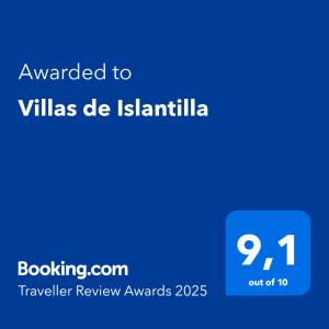 eine blaue Textbox mit den Worten, die den Villen de islamitis verliehen wurden in der Unterkunft Villas de Islantilla in Isla Cristina