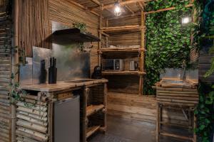 a kitchen with a stove and a green wall at Jungle Crash Love Room in Unieux