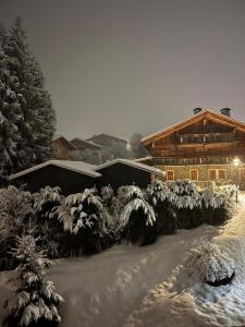a house covered in snow with trees in front of it at Maison MAEL in Notre-Dame-de-Bellecombe +10 photos