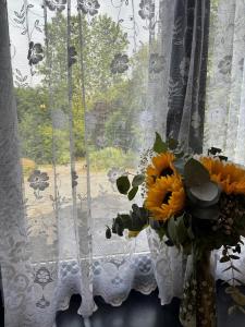 a vase of sunflowers sitting next to a window at Snipeview in Hagwothingham