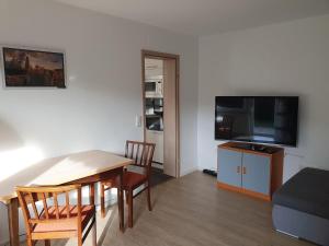 a living room with a dining room table and a flat screen tv at Hanghaus in Alleinlage - WE basement in Pottenstein