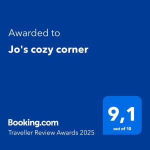 Certifikát, hodnocení, plakát nebo jiný dokument vystavený v ubytování Jo's cozy corner