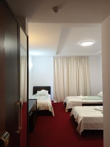 a hotel room with two beds and a mirror at Hotel Transilvania Zalău in Zalău +25 photos