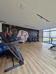 ein Zimmer mit einem Fitnessraum mit einem Laufband und einem Gemälde in der Unterkunft Apê moderno perto do shopping - WI-FI rápido e garagem in Caruaru