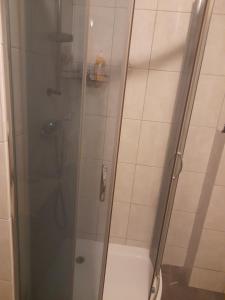 a shower with a glass door and a toilet at Hotel Kaukaz in Kraków
