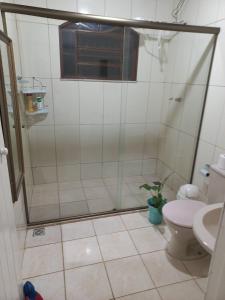 un baño con ducha y WC en Recanto dos Bois de Sela, en Dom Viçoso