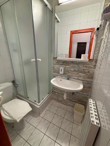 a bathroom with a sink and a toilet and a shower at Hotel Gloria Budapest City Center in Budapest
