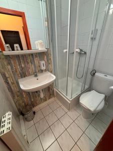 a bathroom with a shower and a sink and a toilet at Hotel Gloria Budapest City Center in Budapest
