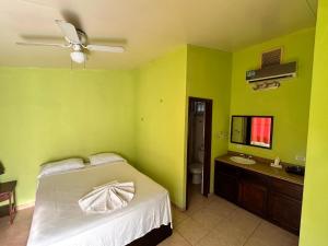 a bedroom with green walls and a bed with a ceiling fan at Arawak Hotel in Léogâne
