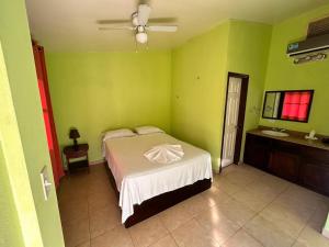 a bedroom with a bed with green walls and a ceiling at Arawak Hotel in Léogâne