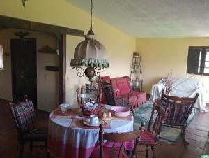 a living room with a table and chairs and a lamp at La Juana Posada Campesina in Tenjo