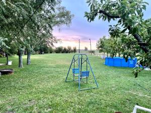 a blue swing set in a yard with trees at El Campo - Cabaña 2 in Gualeguaychú