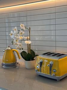 Ein gelber Toaster steht auf einer Küchentheke neben einer Pflanze. in der Unterkunft 2 Bedrooms apprtmt Plus Underground Parking in CBD in Christchurch