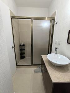 ein Badezimmer mit Waschbecken und Dusche in der Unterkunft Casa Holkan, Playa del Carmen in Playa del Carmen