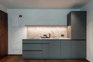 una cucina con un lavello e un piano di lavoro di Manu Apartments a Livigno