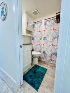 a bathroom with a toilet and a blue rug at Vacation Cottage North Myrtle Beach #69 in Myrtle Beach
