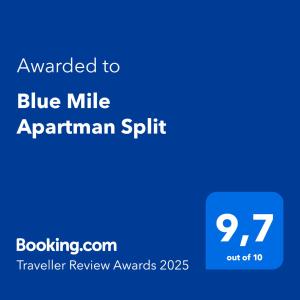Certifikát, ocenenie alebo iný dokument vystavený v ubytovaní Blue Mile Apartman Split