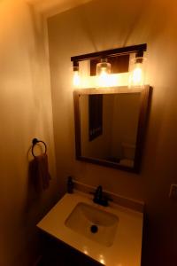 bagno con lavandino, specchio e luci di Stonebrook Hollow Cabin a Tidwell