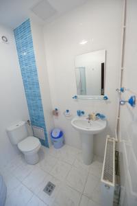 een badkamer met een wastafel, een toilet en een spiegel bij Hotel Sophia in Tecuci