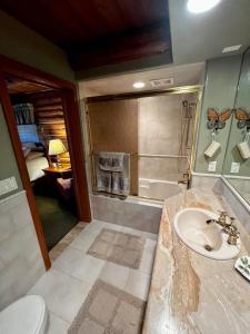 a bathroom with a sink and a shower and a toilet at Timberline Cabin Near Bozeman in Bozeman +42 photos