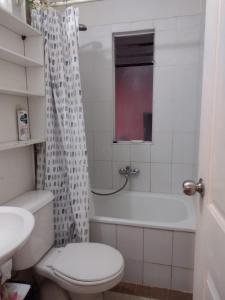 un bagno con un water, una vasca e un lavandino di Casa Amayita 2 a Puerto Varas Altre 8 foto