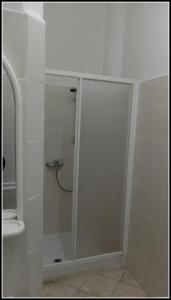 W łazience znajduje się prysznic ze szklanymi drzwiami. w obiekcie B&B Piazza Goldoni w Trieście +22 zdjęcia