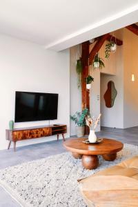 een woonkamer met een tv en een salontafel bij Helles Design-Loft im Zentrum mit Schlossbergblick in Graz