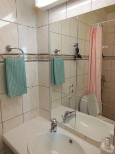 een badkamer met een wastafel, een bad en een douche bij Maalaiskartano Pihkala in Kestilä