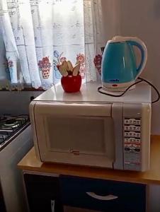 ein Mörser und Stößel auf einer Mikrowelle in der Unterkunft Casa de férias em Gravatá, Navegantes perto da praia in Navegantes