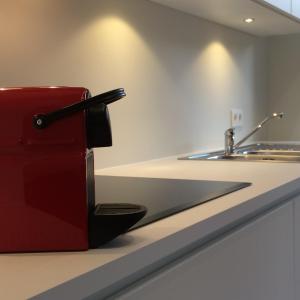 a red suitcase sitting on a counter next to a sink at Les Foulons - Downtown Gent in Ghent