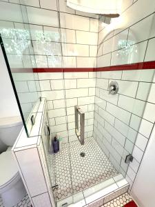 a bathroom with a shower with a toilet at Charismatic Downtown Solvang Pet-Friendly Studio in Solvang