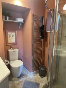 a bathroom with a toilet and a glass shower at 1867 Manor in Leonidio