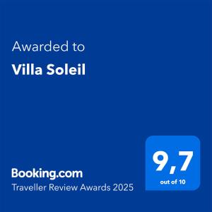 a blue text box with the words awarded to villa solett at Villa Soleil in Vela Luka