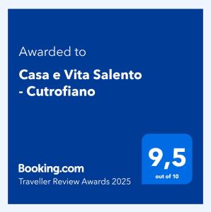 Certifikát, hodnocení, plakát nebo jiný dokument vystavený v ubytování Casa e Vita Salento - Cutrofiano