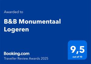 Certifikát, hodnocení, plakát nebo jiný dokument vystavený v ubytování B&B Monumentaal Logeren