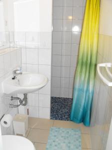 a bathroom with a sink and a shower at Pension Fürst Borwin in Markgrafenheide +46 photos