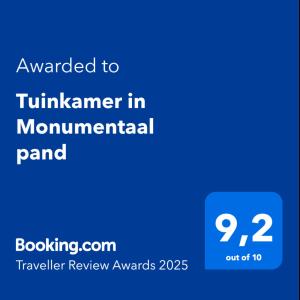Certifikát, hodnocení, plakát nebo jiný dokument vystavený v ubytování Tuinkamer in Monumentaal pand
