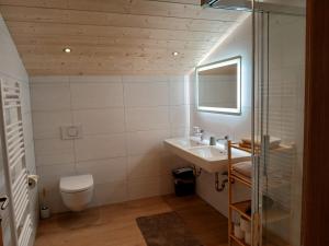 a bathroom with a sink and a toilet and a mirror at Ferienwohnungen Tauernalm in Heiligenblut +17 photos