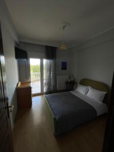 a bedroom with a large bed and a window at Η Αυλή in Aridaia +55 photos