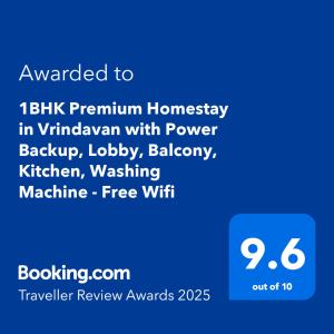 Premium Homestay Near Banke Bihari Ji with Power Backup - Free WiFi - Washing Machine etc的证书、奖牌、标识或其他文件