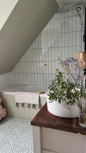 a bathroom with a tub and a plant on a counter at Luxury coastal retreat - On-site parking - sleeps 4 in Ilfracombe