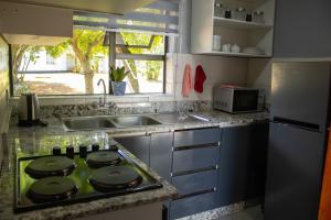 LobambaRehoboth Ezulwini Suites的带炉灶的厨房 水槽旁边的烤箱顶部