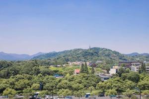 杭州杭州温德姆至尊豪廷大酒店的享有树木繁茂的城市和山脉的美景