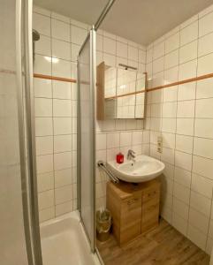 a bathroom with a sink and a shower at Fewo 4 in Willingen