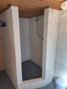 a bathroom with a shower with white tiles at Ferienhof-Störwiese in Arpsdorf