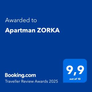 Certifikát, hodnocení, plakát nebo jiný dokument vystavený v ubytování Apartman ZORKA